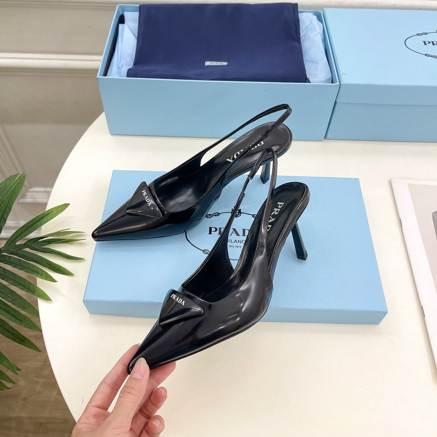 Prada Black Brushed Leather Slingback Pumps  75mm - DopestKickz