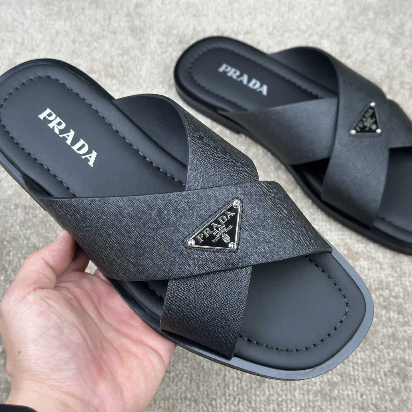 Prada Crisscross Leather Slides - DopestKickz