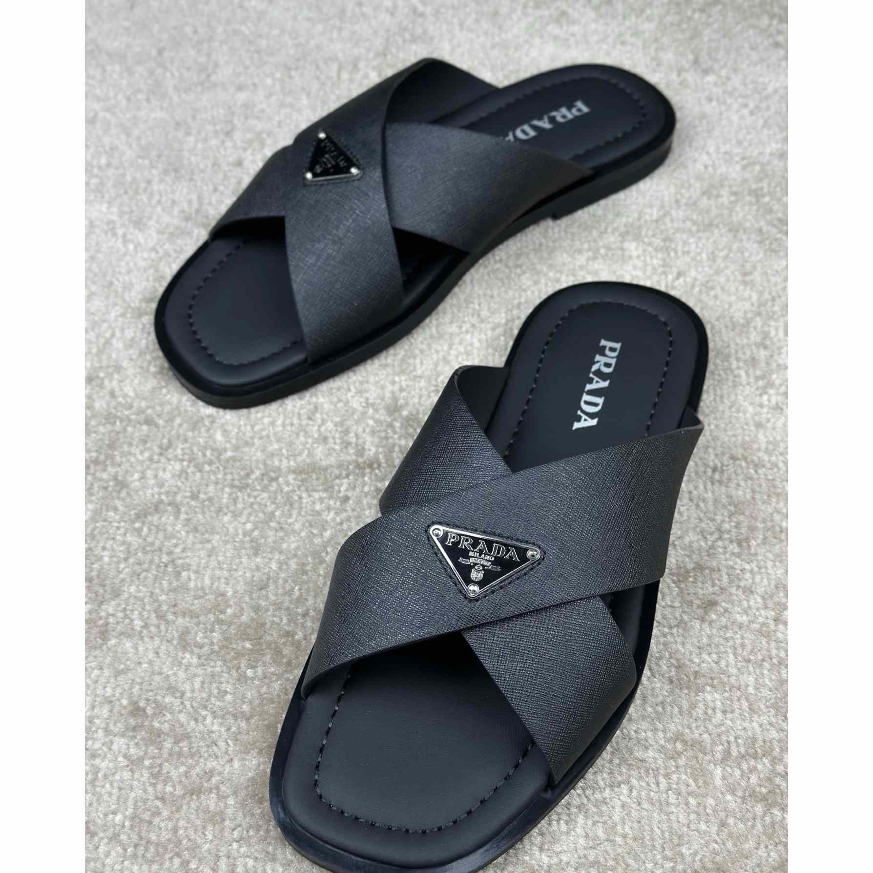 Prada Crisscross Leather Slides - DopestKickz