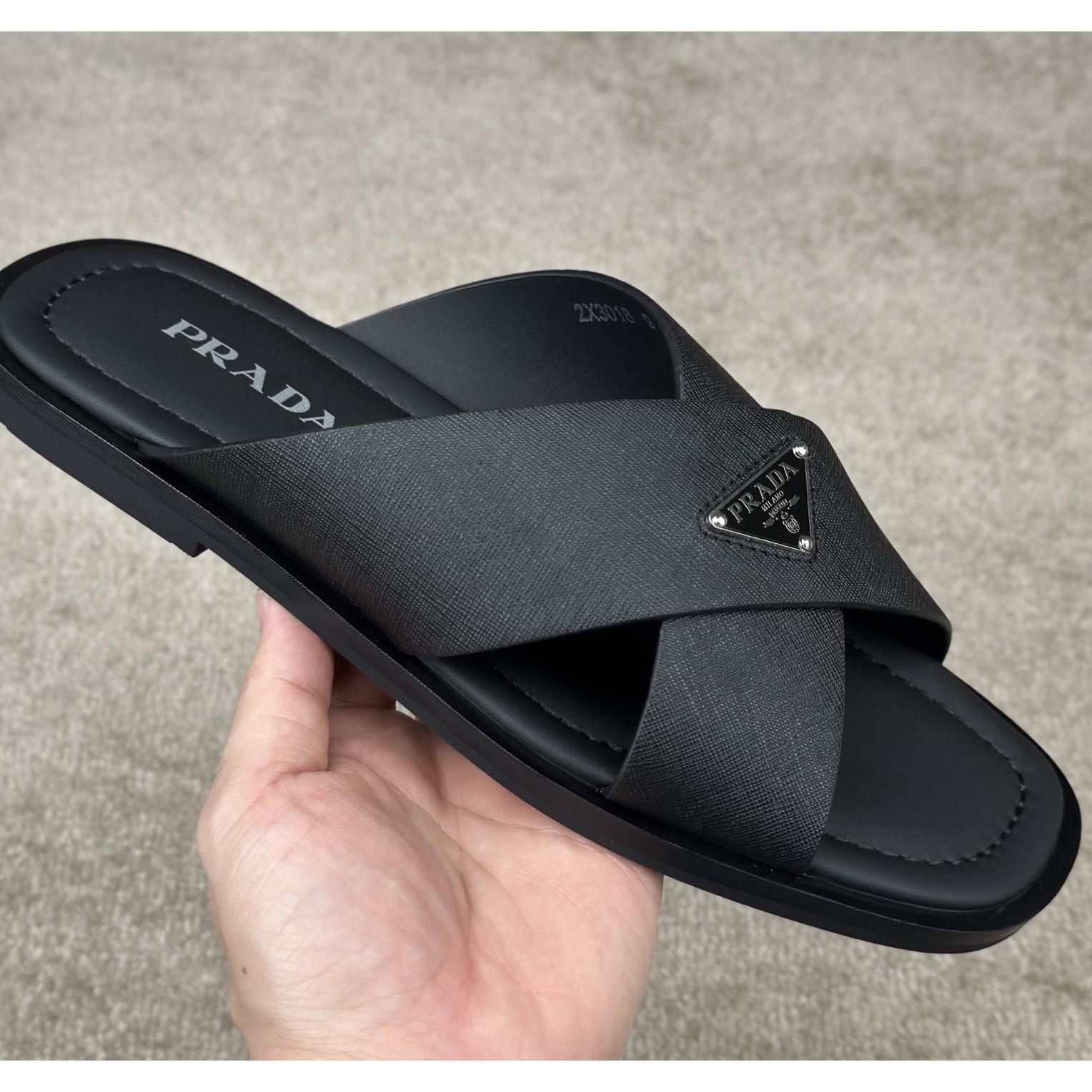 Prada Crisscross Leather Slides - DopestKickz