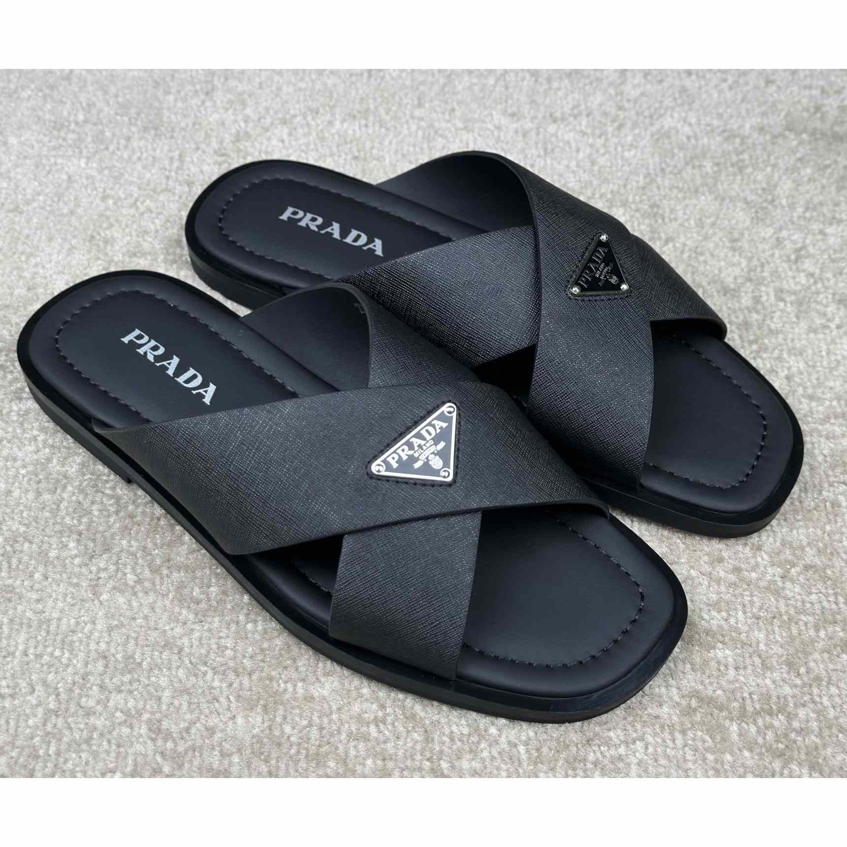 Prada Crisscross Leather Slides - DopestKickz