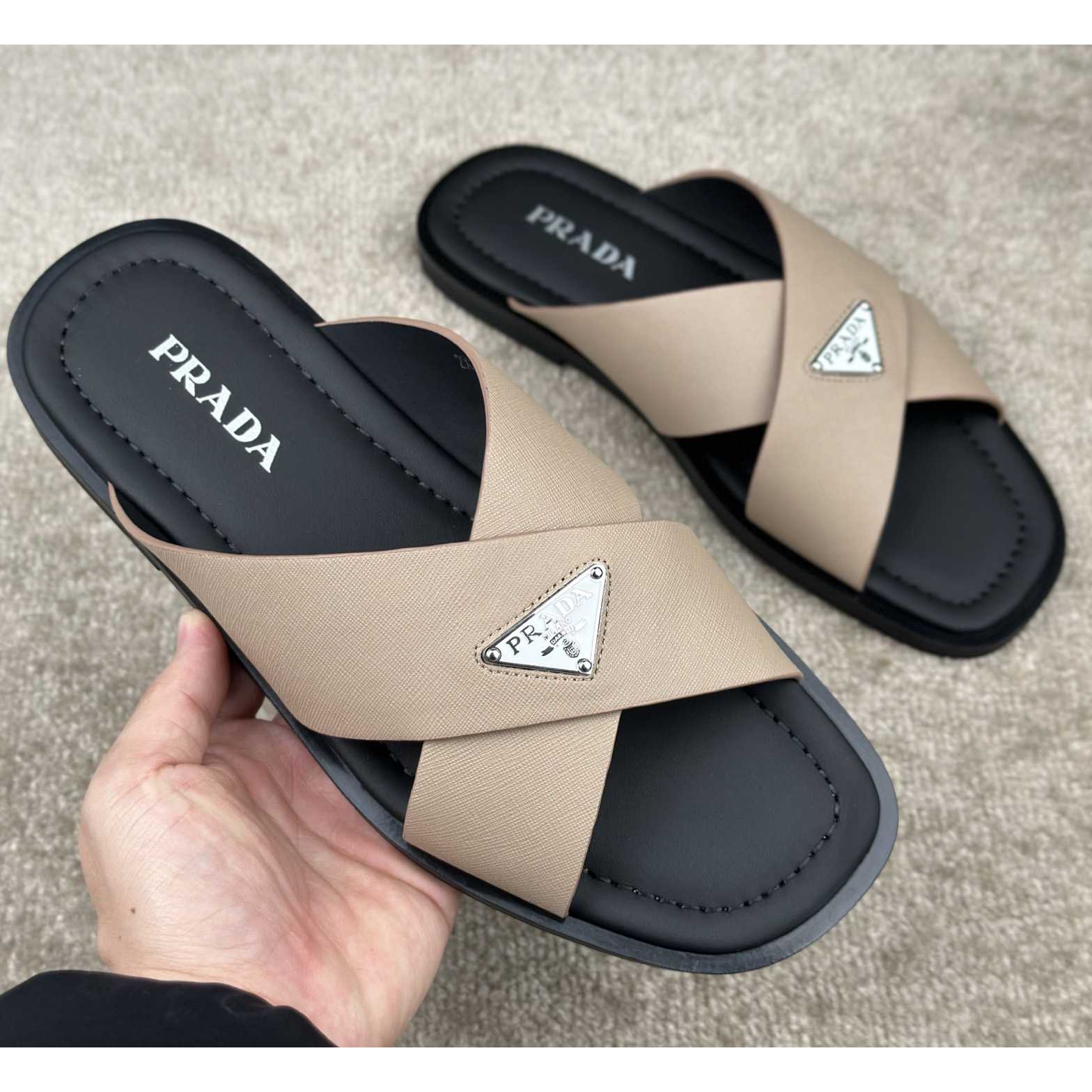 Prada Crisscross Leather Slides - DopestKickz