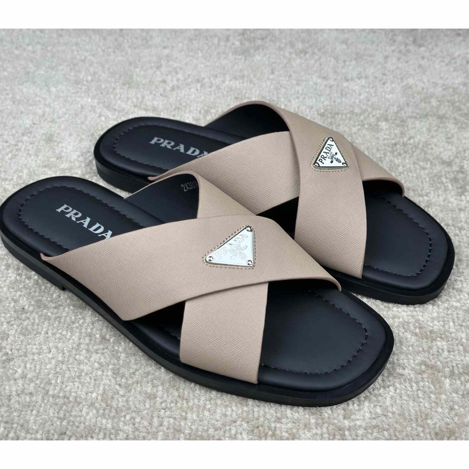 Prada Crisscross Leather Slides - DopestKickz