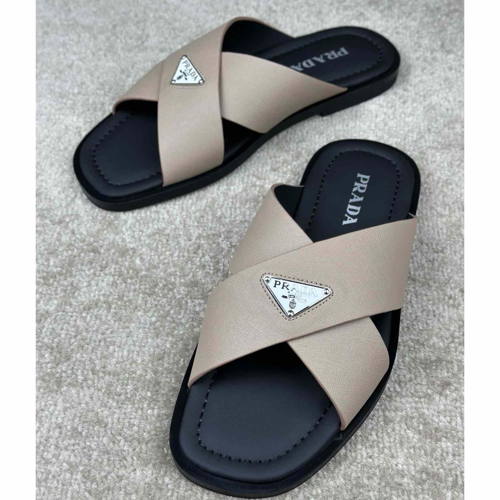 Prada Crisscross Leather Slides - DopestKickz
