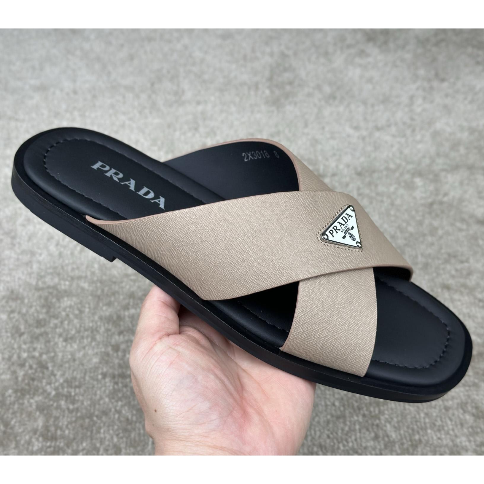 Prada Crisscross Leather Slides - DopestKickz
