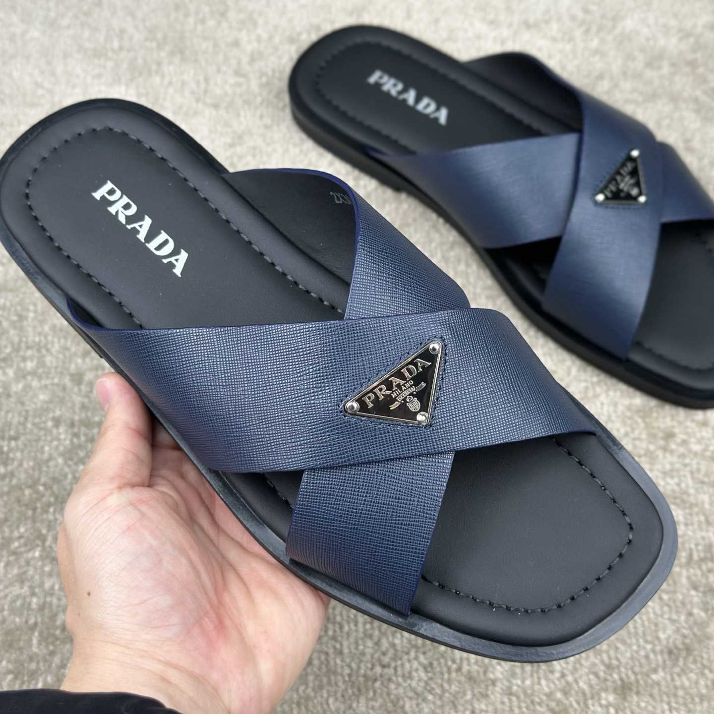 Prada Crisscross Leather Slides - DopestKickz