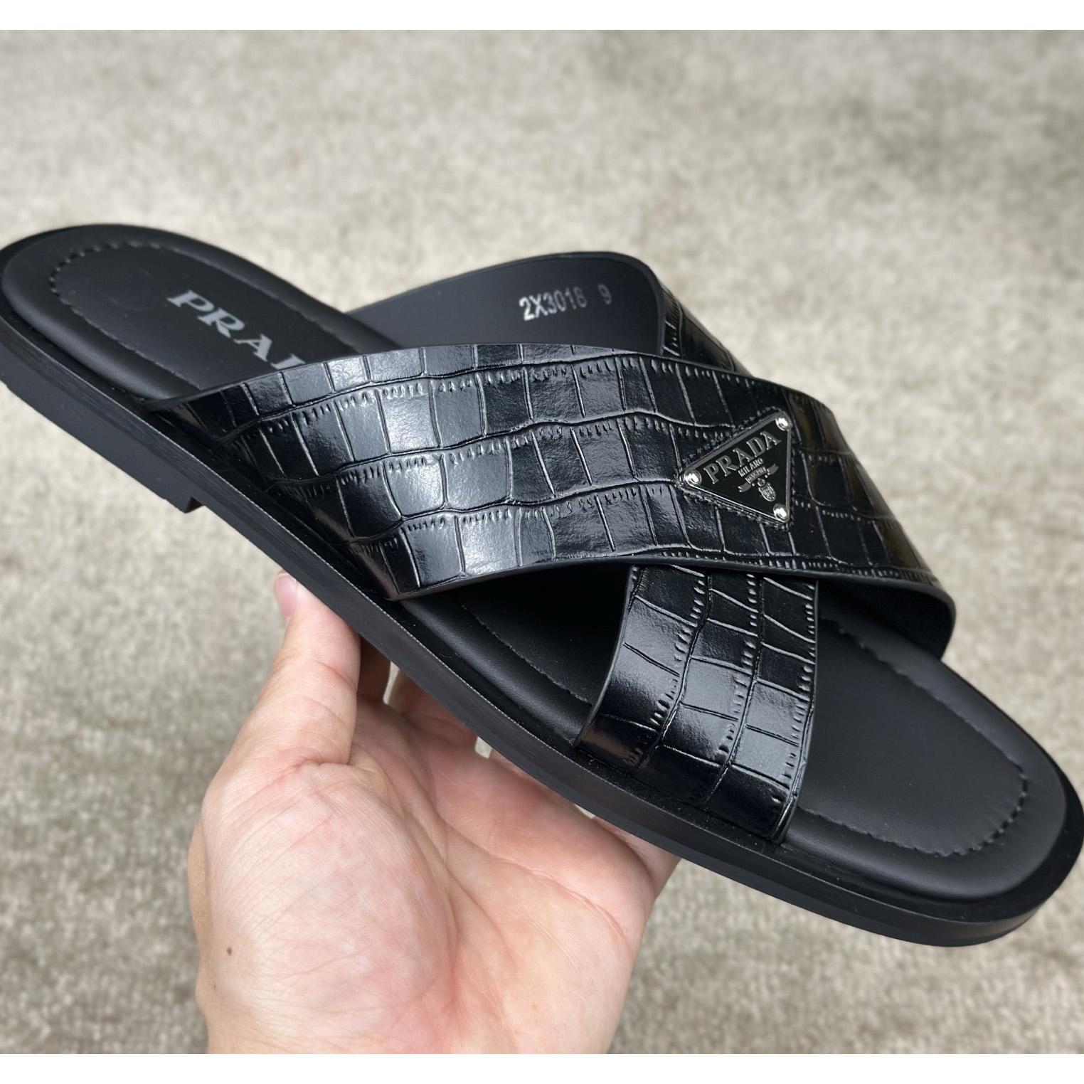 Prada Crisscross Leather Slides - DopestKickz