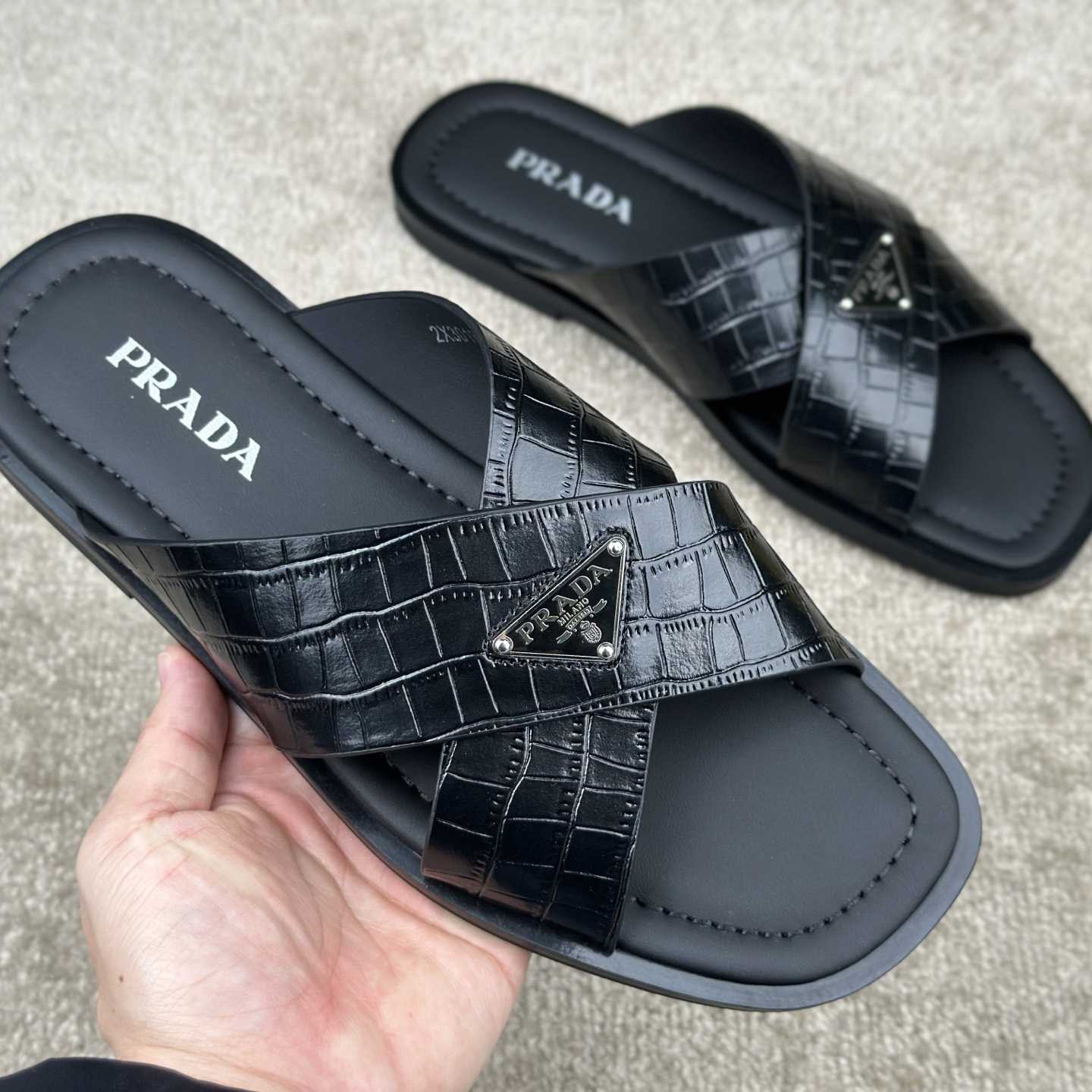Prada Crisscross Leather Slides - DopestKickz