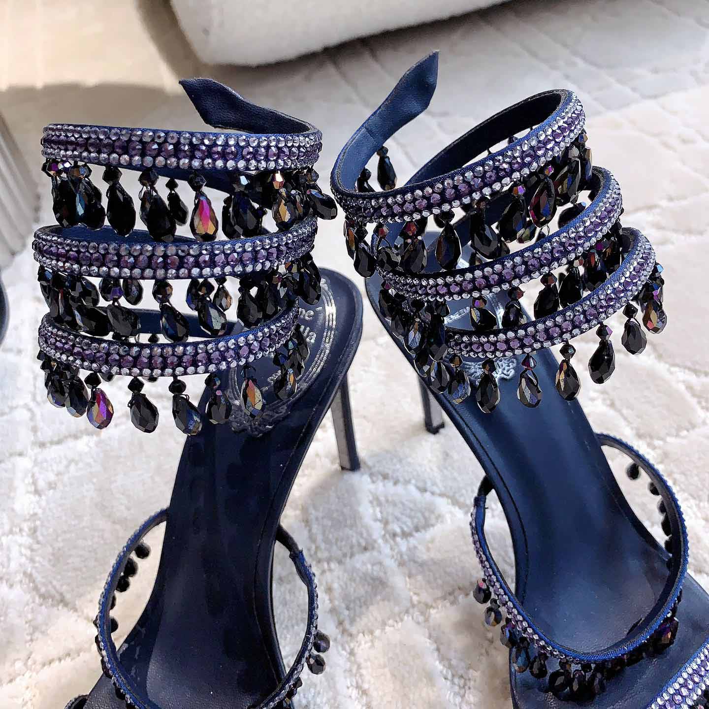 Rene Caovilla Jeweled Chandelier Crystal Teal Sandal  95mm - DopestKickz