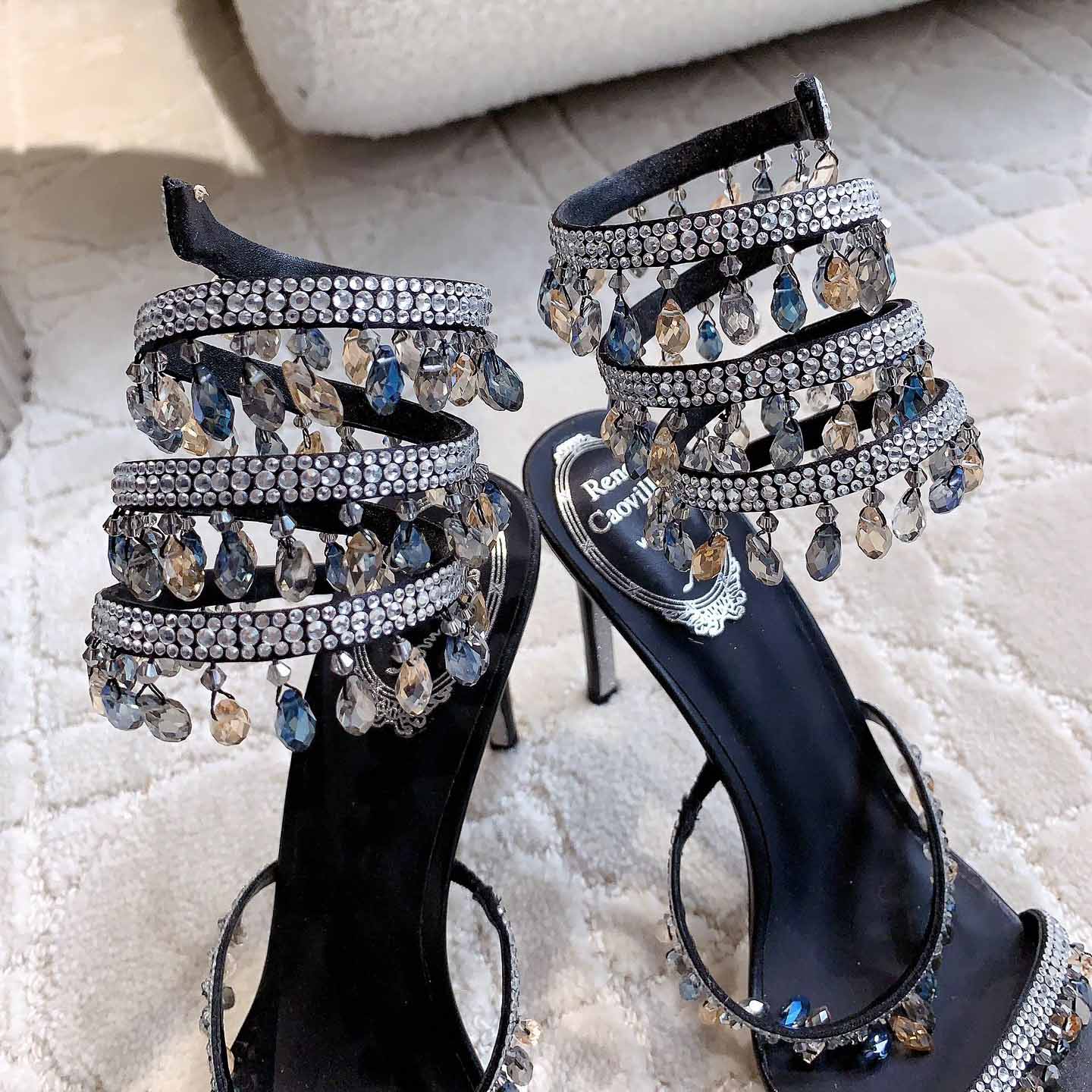 Rene Caovilla Jeweled Chandelier Crystal Teal Sandal  95mm - DopestKickz