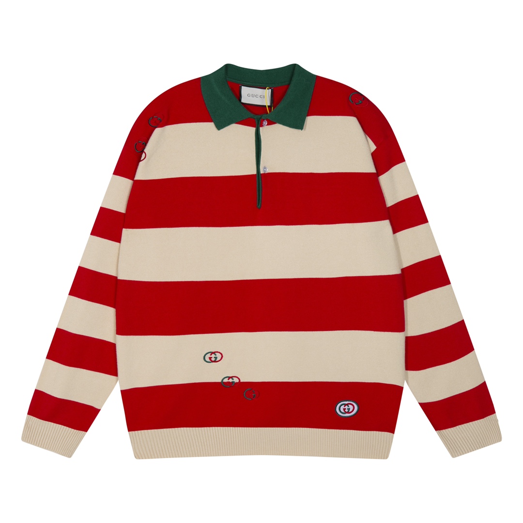 Gucci Logo Embroidered Striped Cotton Half-Placket Sweater - DopestKickz