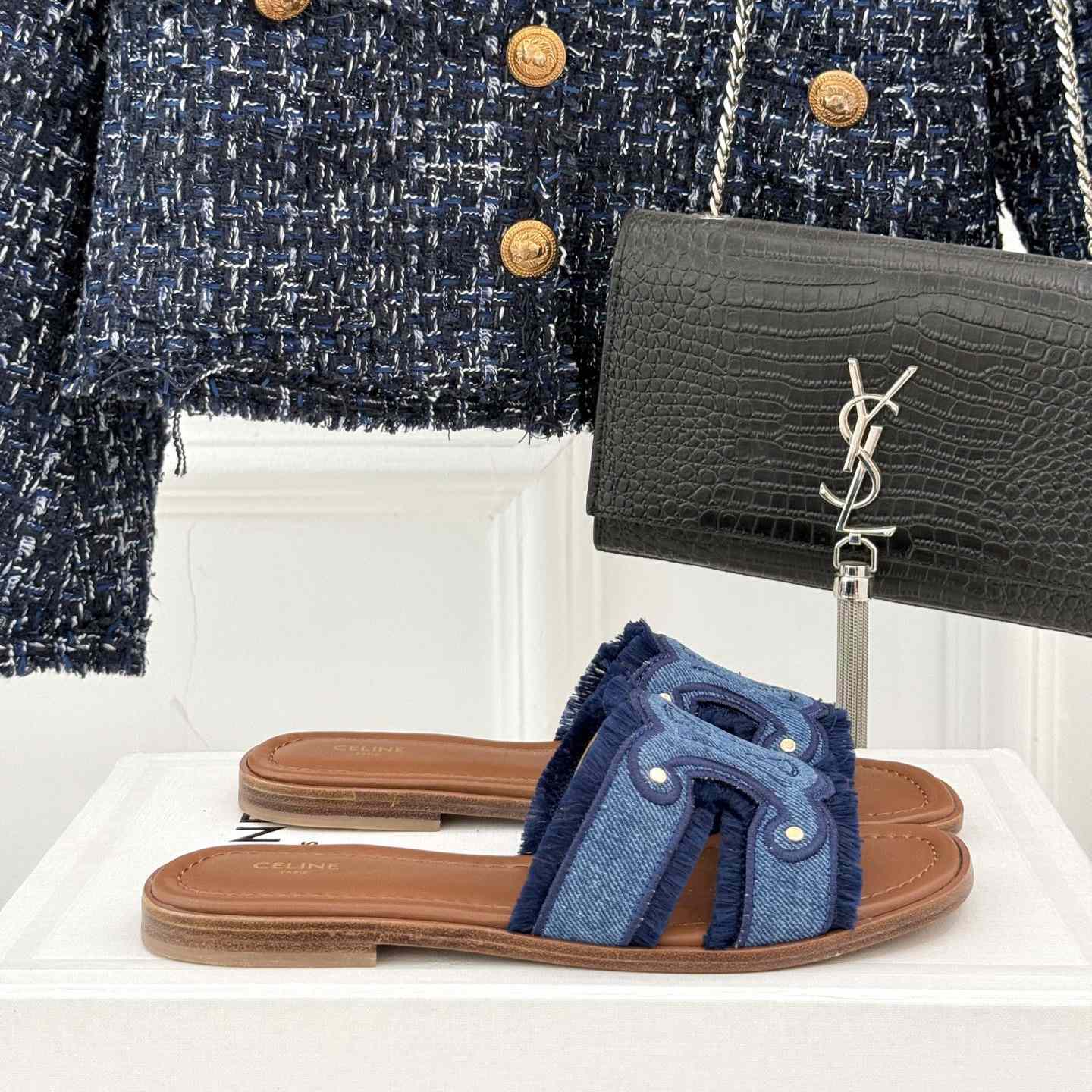 Celine Marina Fringed Mule In Denim  - DopestKickz