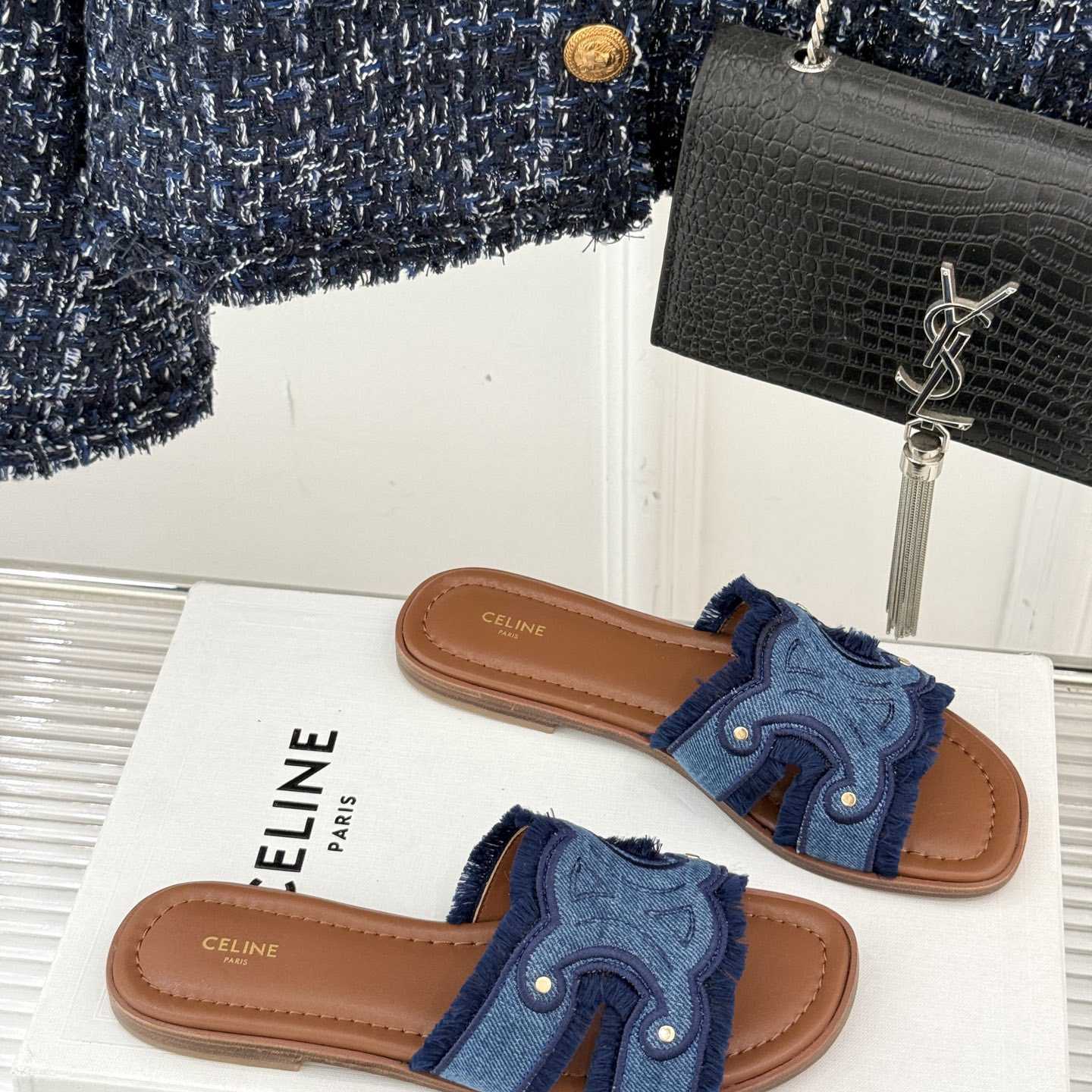 Celine Marina Fringed Mule In Denim  - DopestKickz