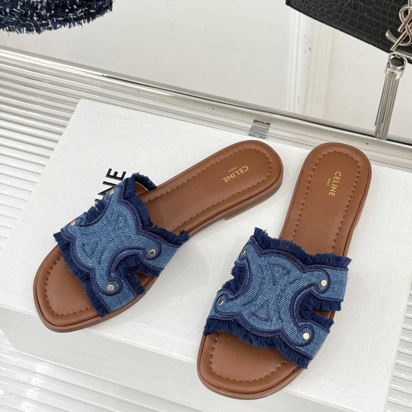 Celine Marina Fringed Mule In Denim  - DopestKickz