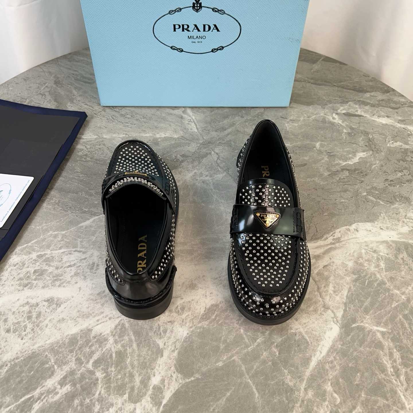 Prada Studded Brushed Leather Loafers - DopestKickz
