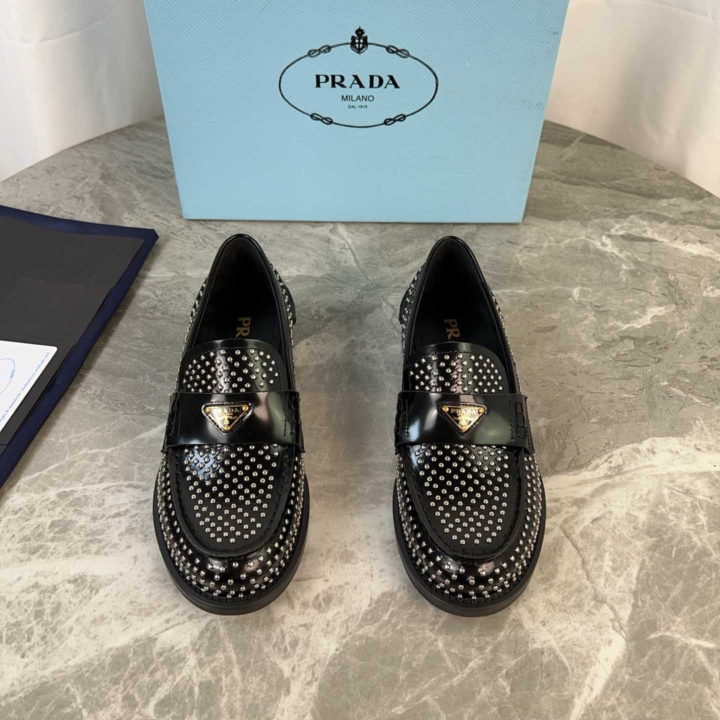 Prada Studded Brushed Leather Loafers - DopestKickz