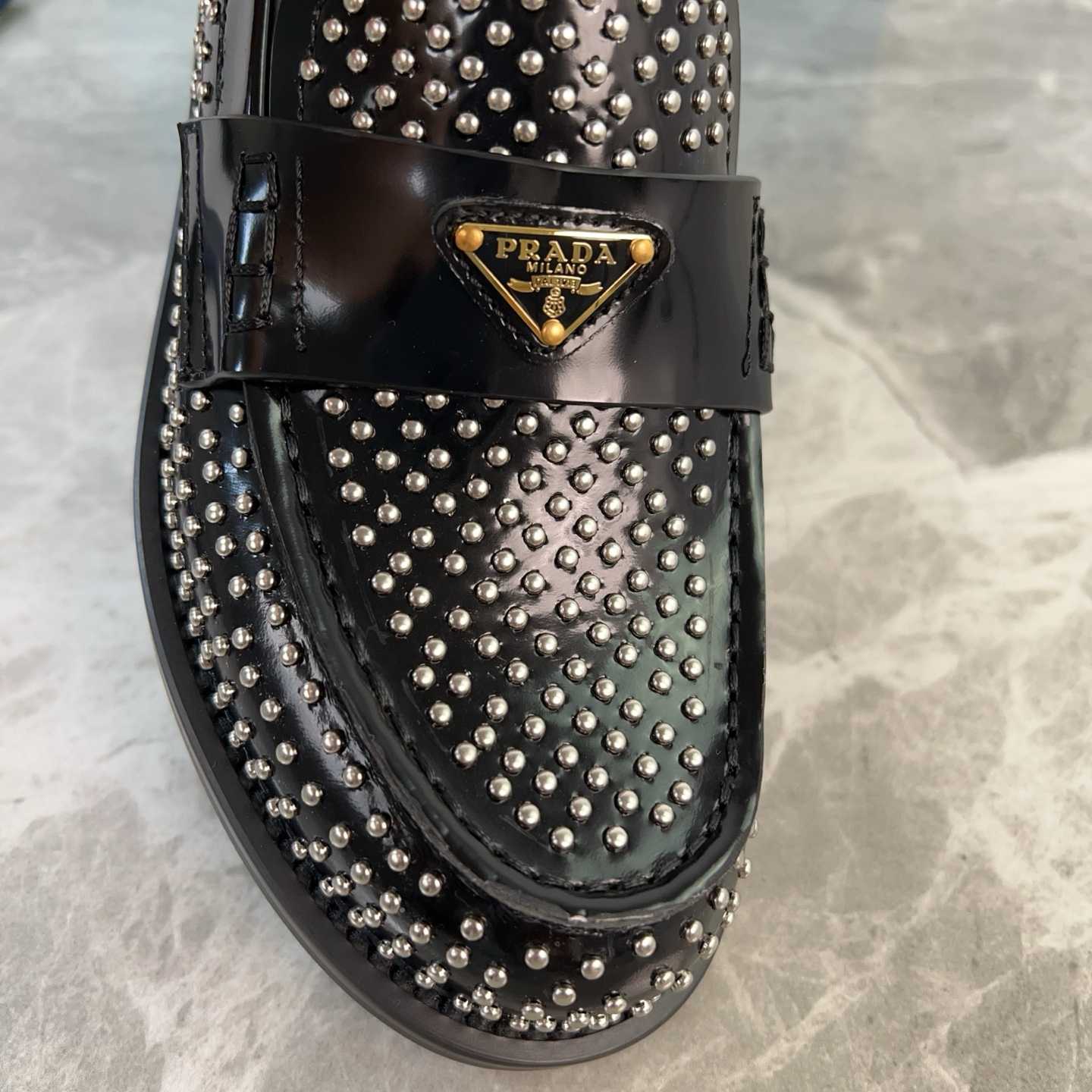 Prada Studded Brushed Leather Loafers - DopestKickz