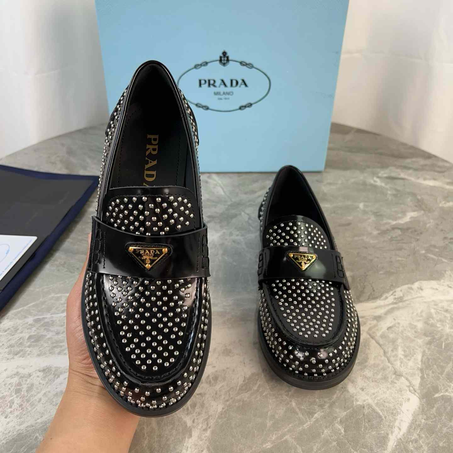 Prada Studded Brushed Leather Loafers - DopestKickz