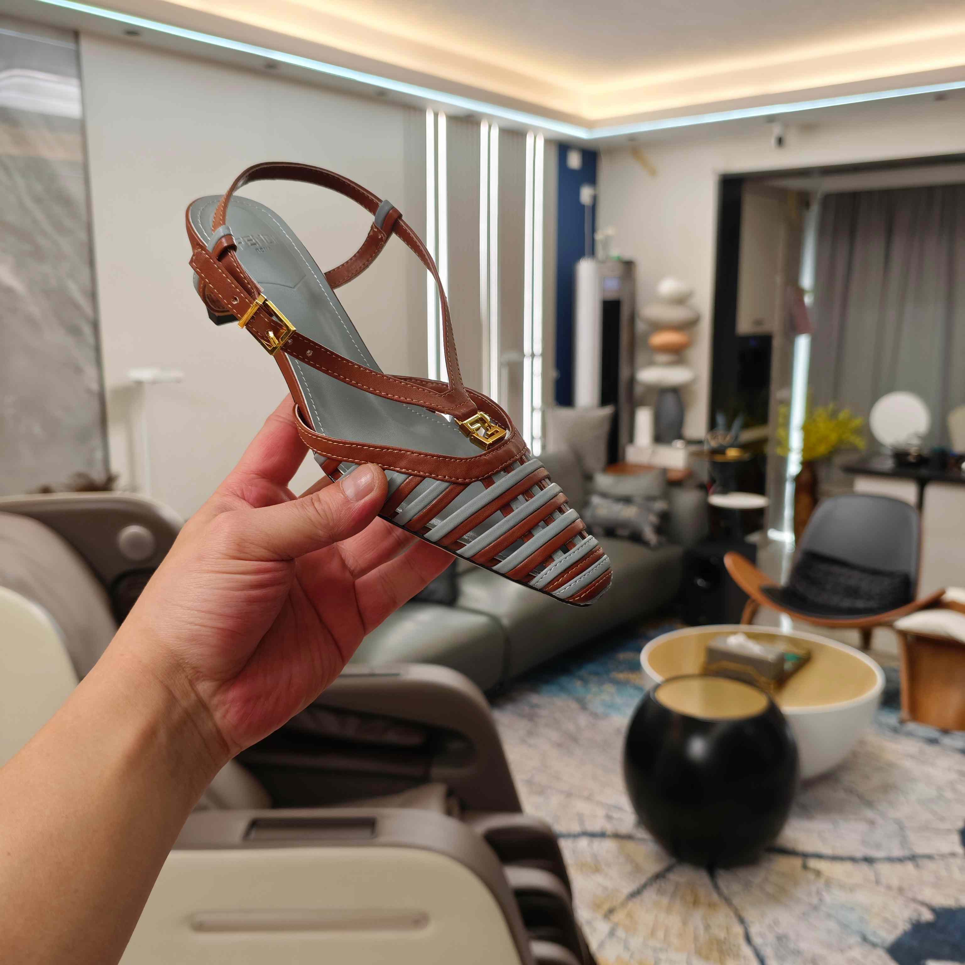 Fendi FFold Brown And Matcha Green Leather Low-heeled Slingbacks - DopestKickz