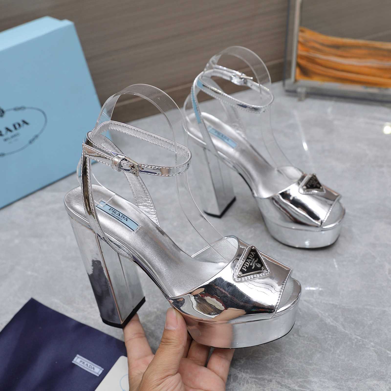 Prada Silver Tone Plateau Platform Sandals | Silver   13cm - DopestKickz