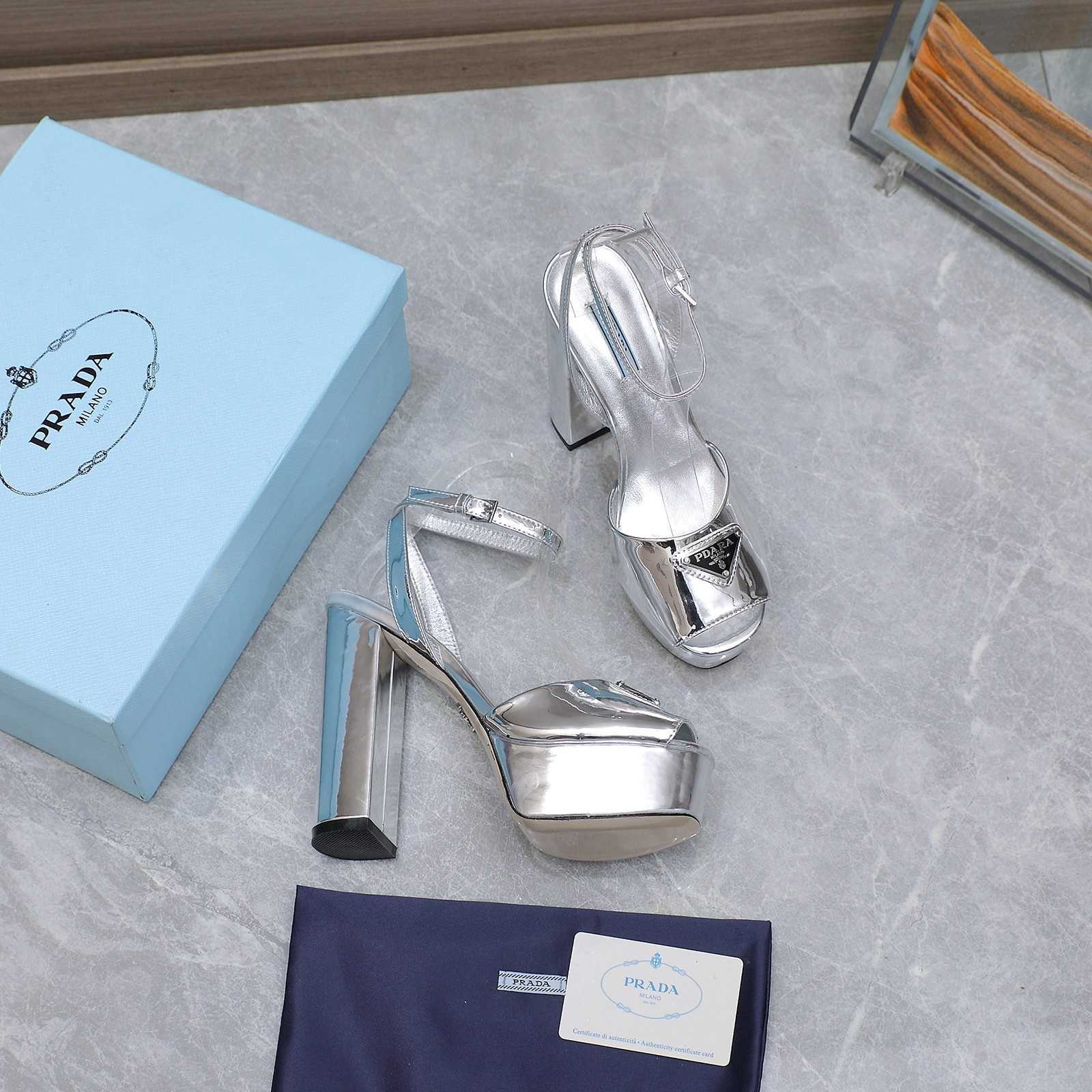 Prada Silver Tone Plateau Platform Sandals | Silver   13cm - DopestKickz