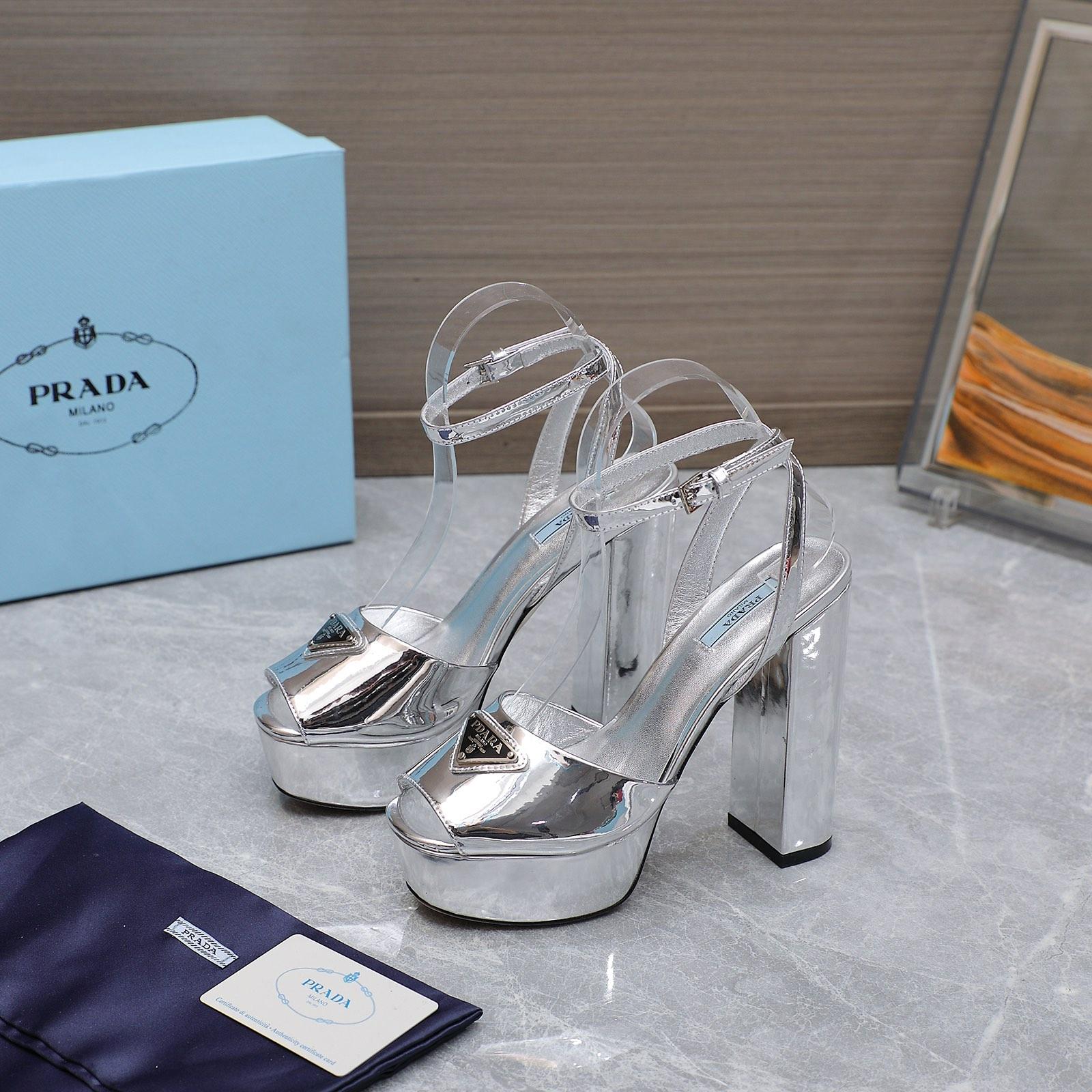 Prada Silver Tone Plateau Platform Sandals | Silver   13cm - DopestKickz
