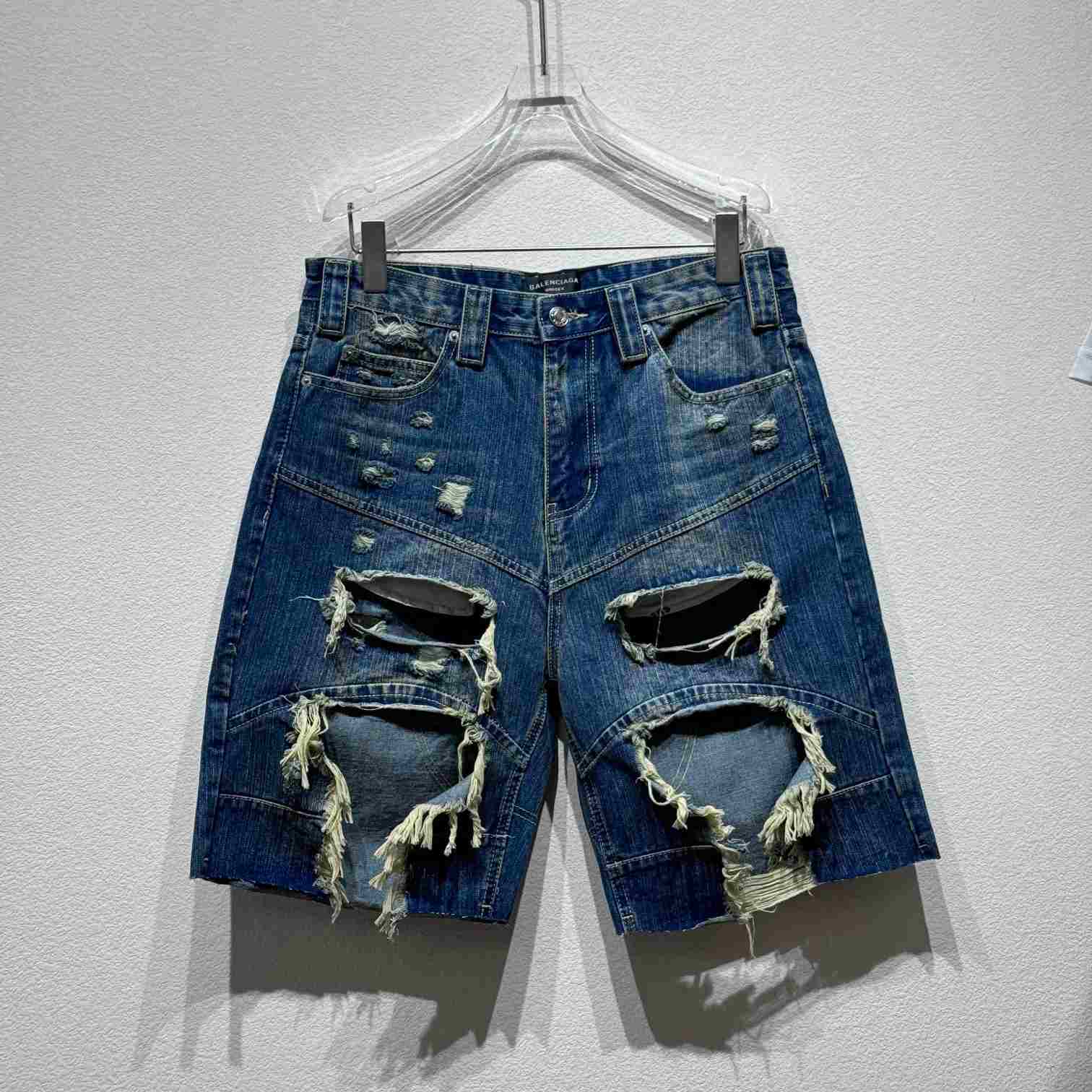 Balenciaga Distressed Baggy Shorts In Blue - DopestKickz