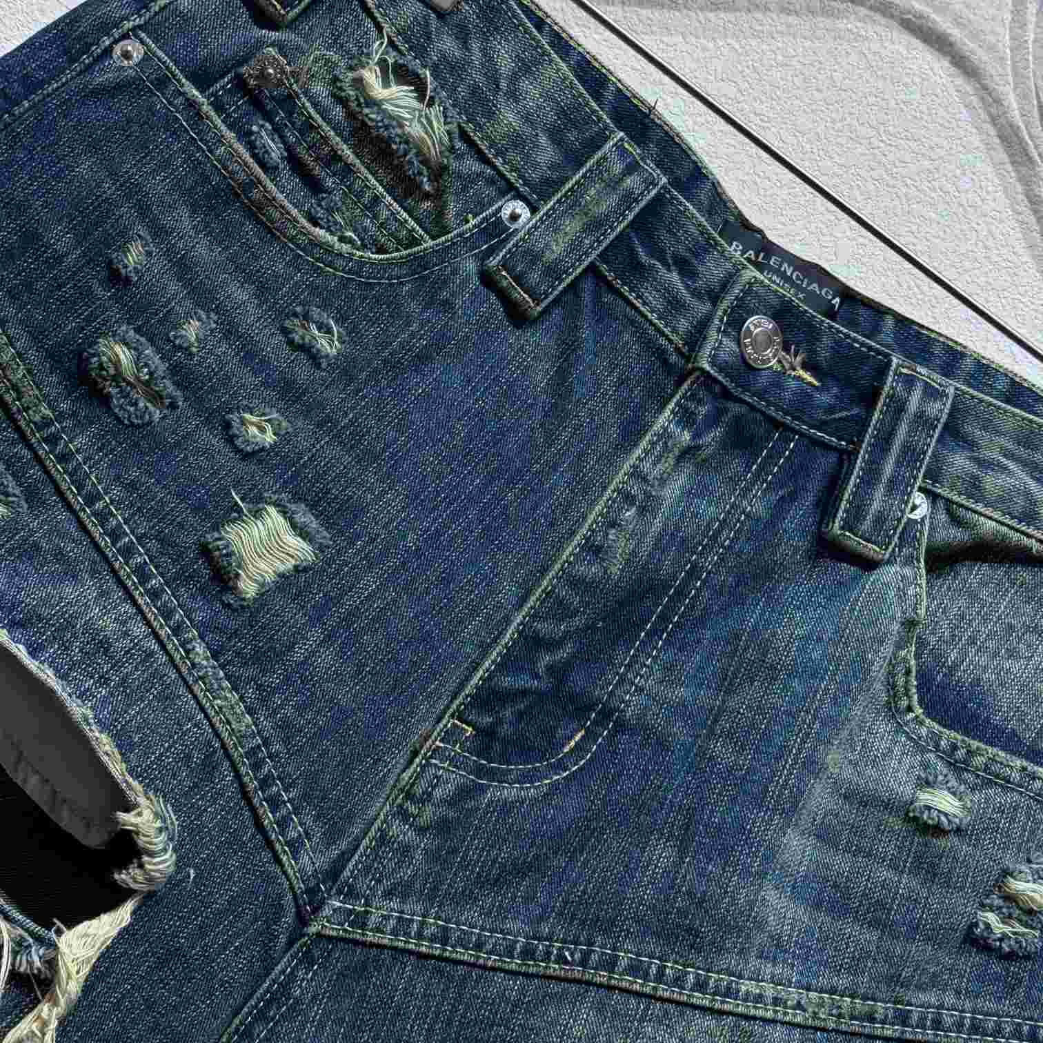 Balenciaga Distressed Baggy Shorts In Blue - DopestKickz