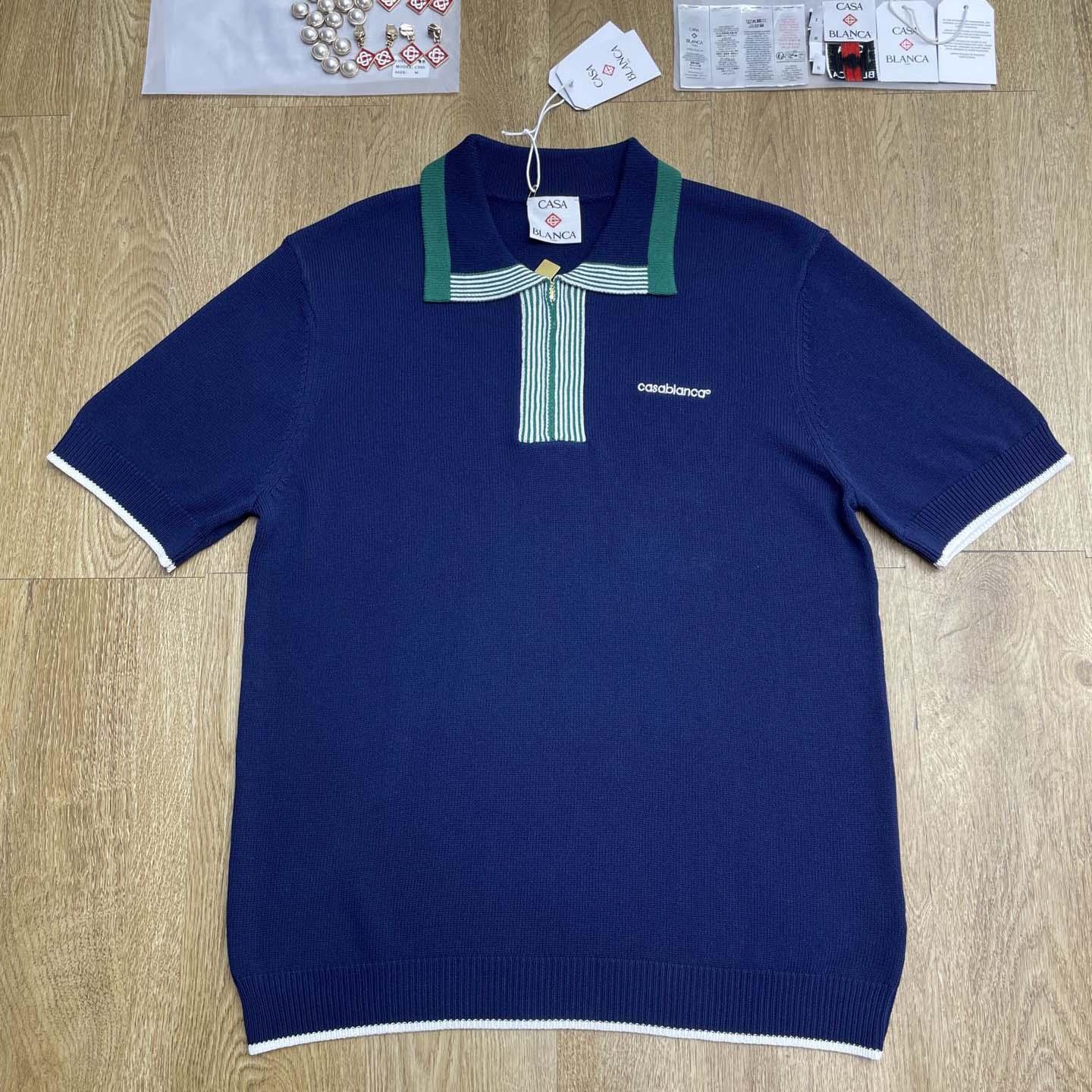 Casablanca Merino Wool T-shirt With Striped Collar In Blue   D0089 - DopestKickz