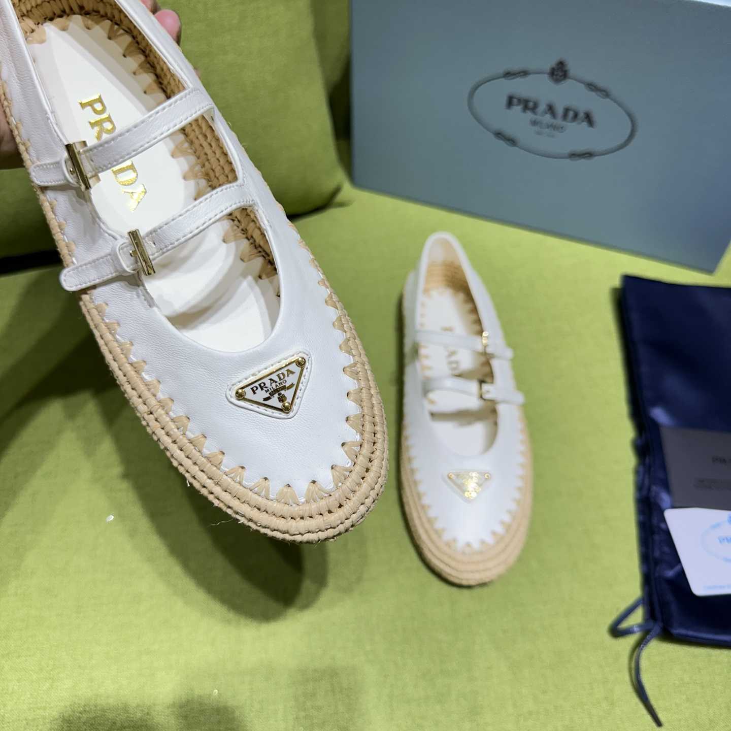 Prada Nappa Leather And Raffia Ballerinas - DopestKickz