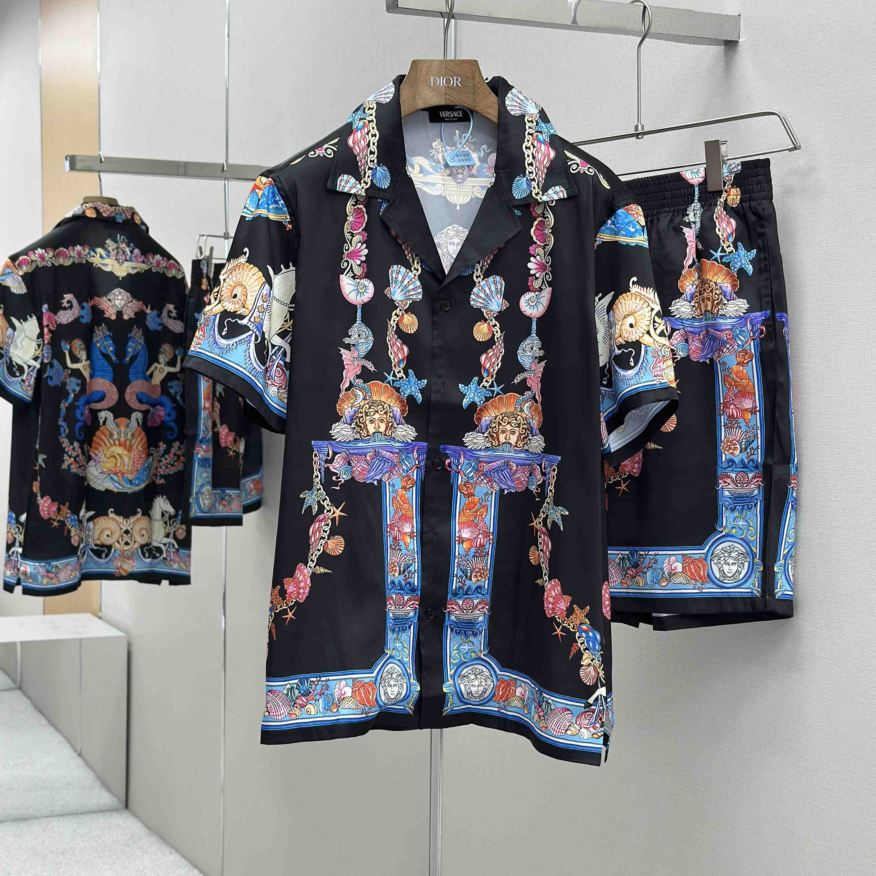 Versace Coral Theatre Silk Shirt & Silk Shorts - DopestKickz