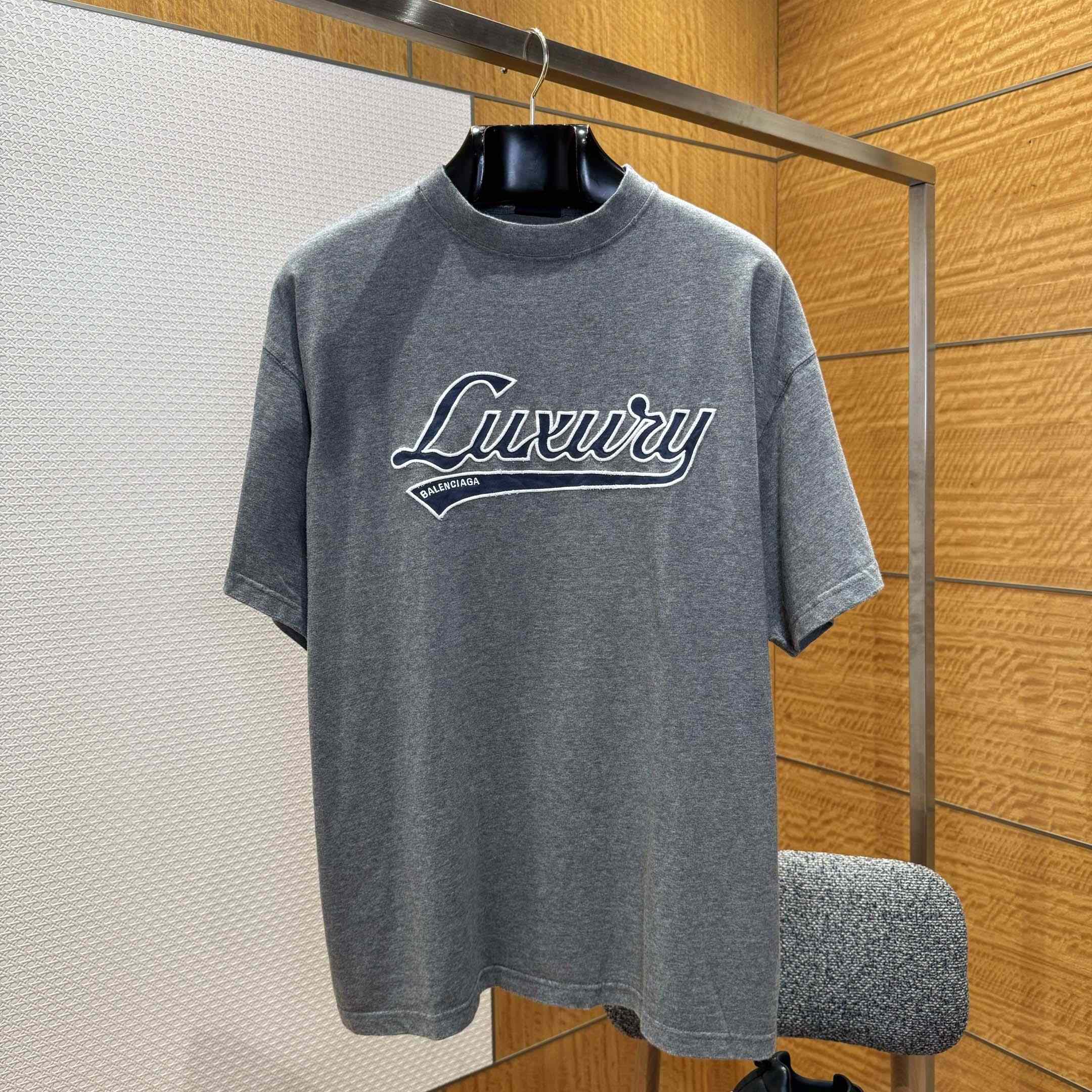 Balenciaga Luxury Script Oversized T-Shirt In Dark Heather Grey And Blue Dry Jersey - DopestKickz