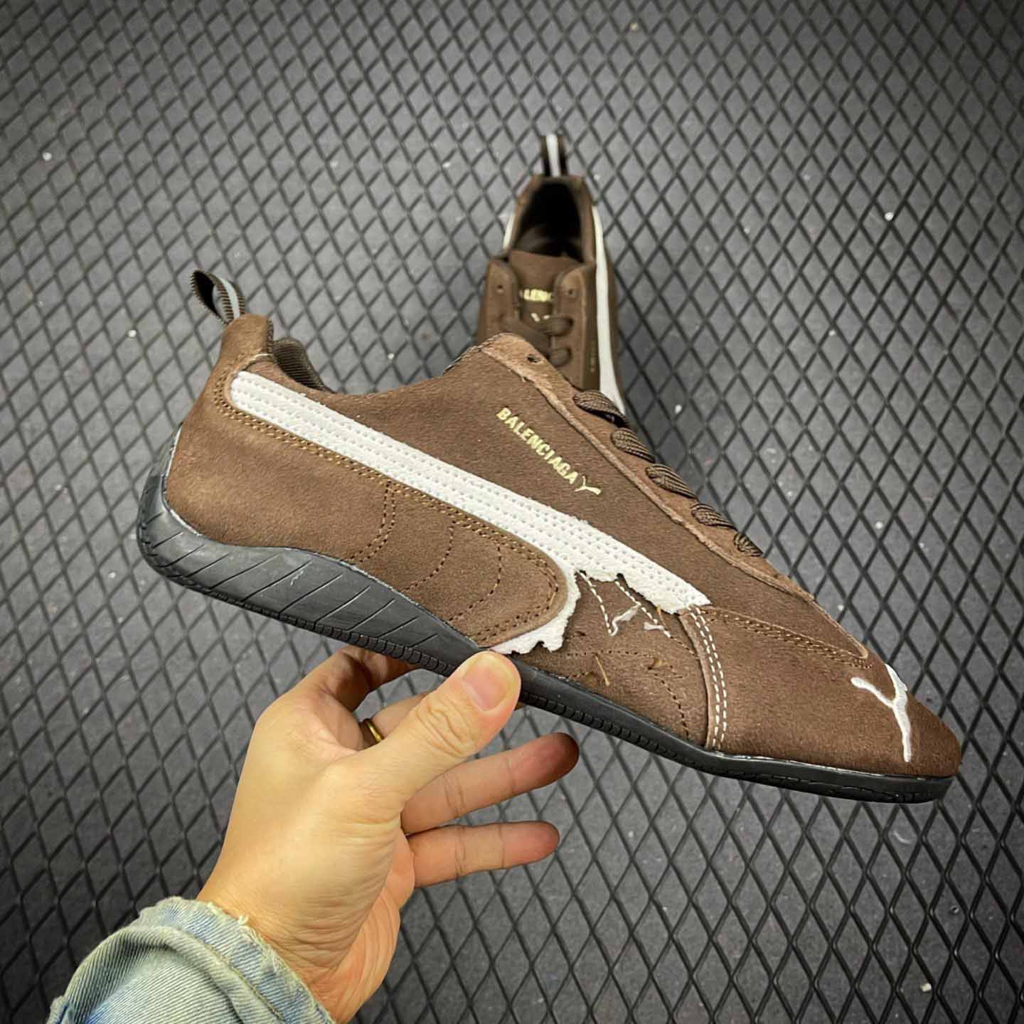 Balenciaga Speedcat Suede Balenciaga In Brown, White And Black Distressed Suede Cowskin - DopestKickz