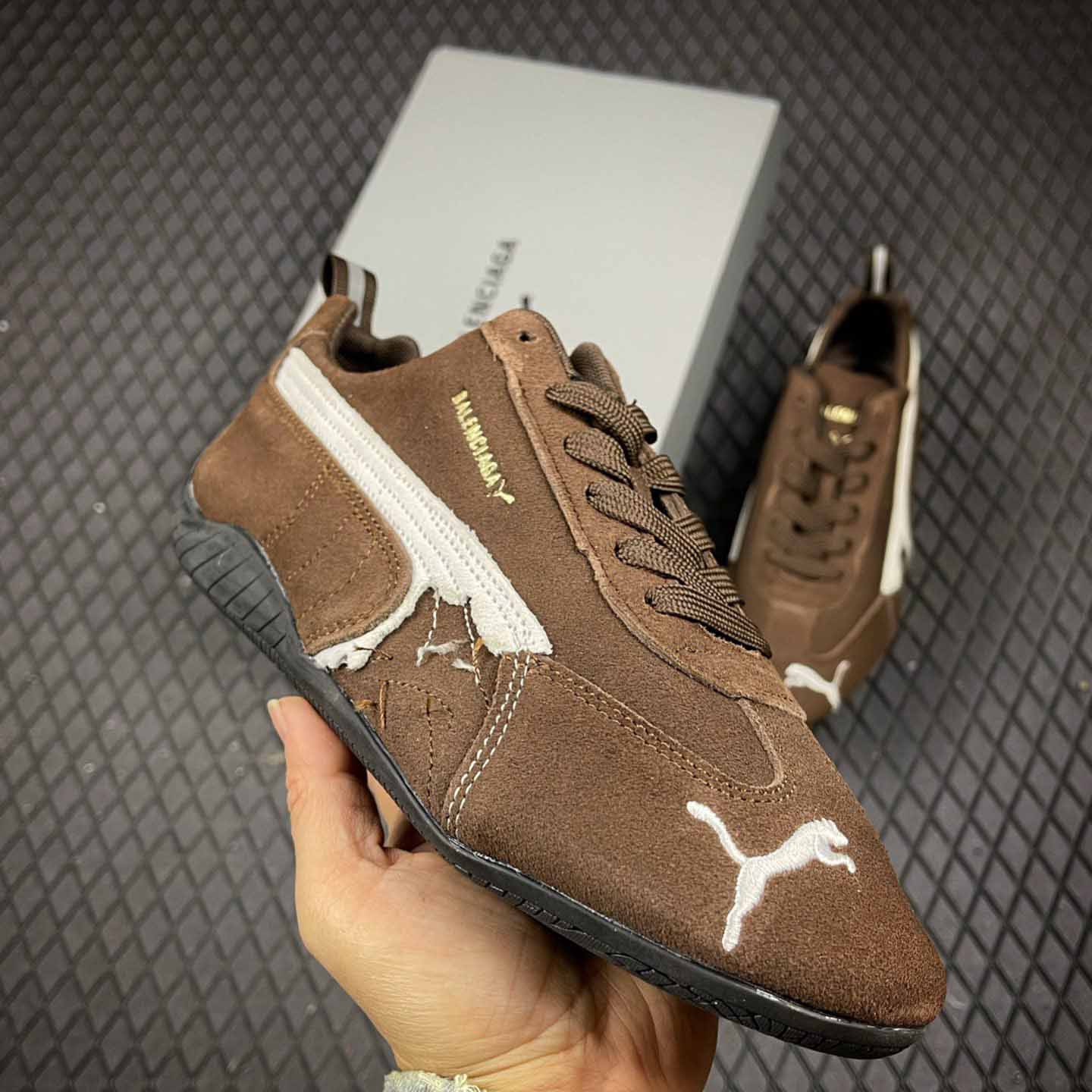 Balenciaga Speedcat Suede Balenciaga In Brown, White And Black Distressed Suede Cowskin - DopestKickz