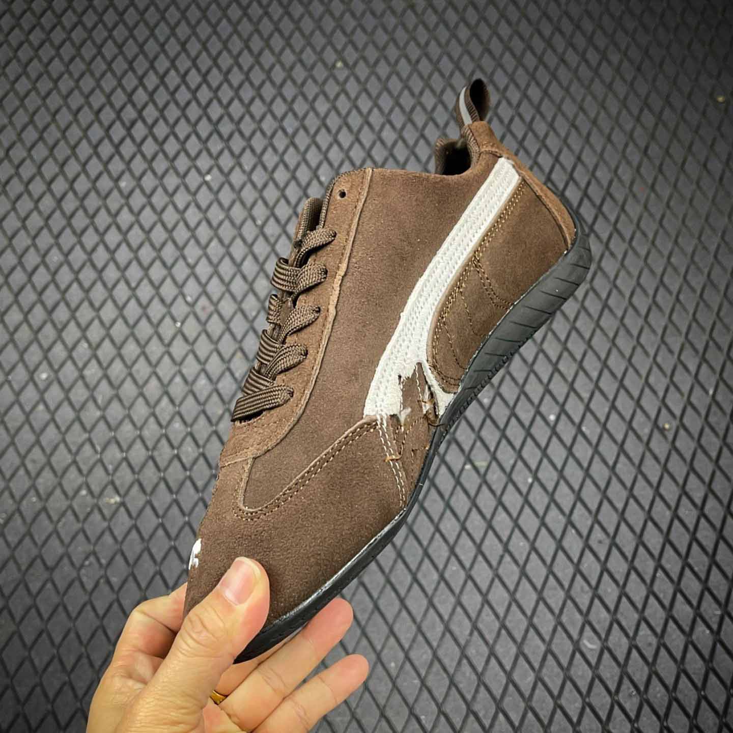 Balenciaga Speedcat Suede Balenciaga In Brown, White And Black Distressed Suede Cowskin - DopestKickz