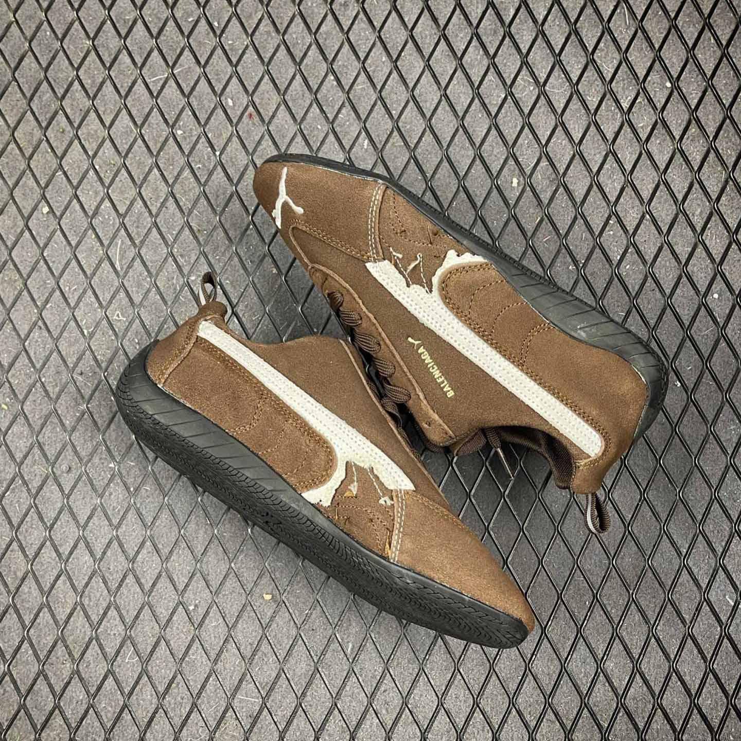 Balenciaga Speedcat Suede Balenciaga In Brown, White And Black Distressed Suede Cowskin - DopestKickz