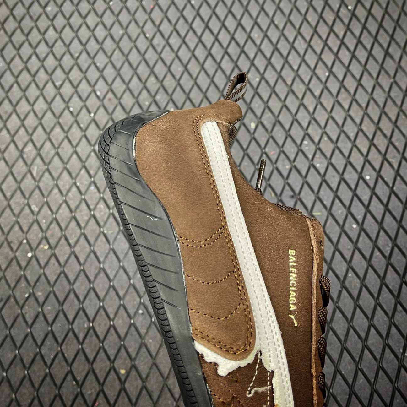 Balenciaga Speedcat Suede Balenciaga In Brown, White And Black Distressed Suede Cowskin - DopestKickz