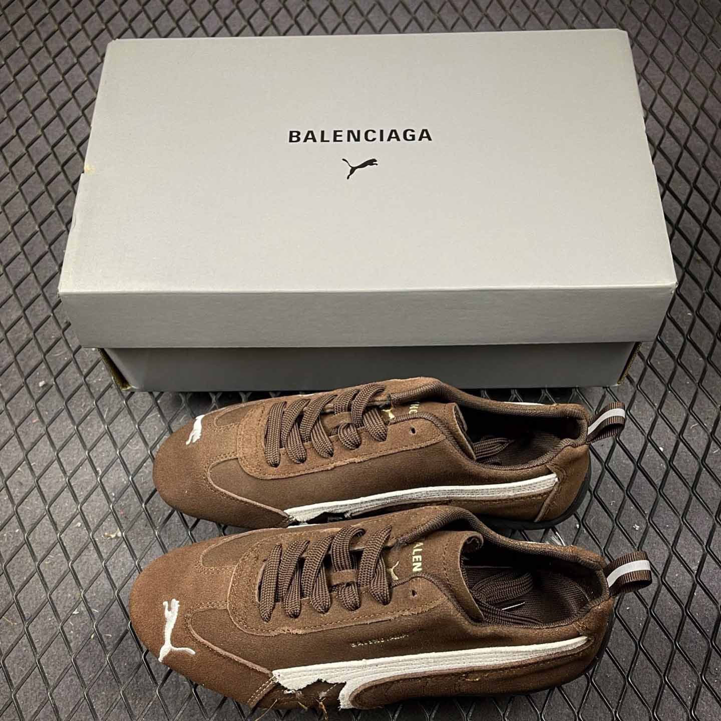 Balenciaga Speedcat Suede Balenciaga In Brown, White And Black Distressed Suede Cowskin - DopestKickz