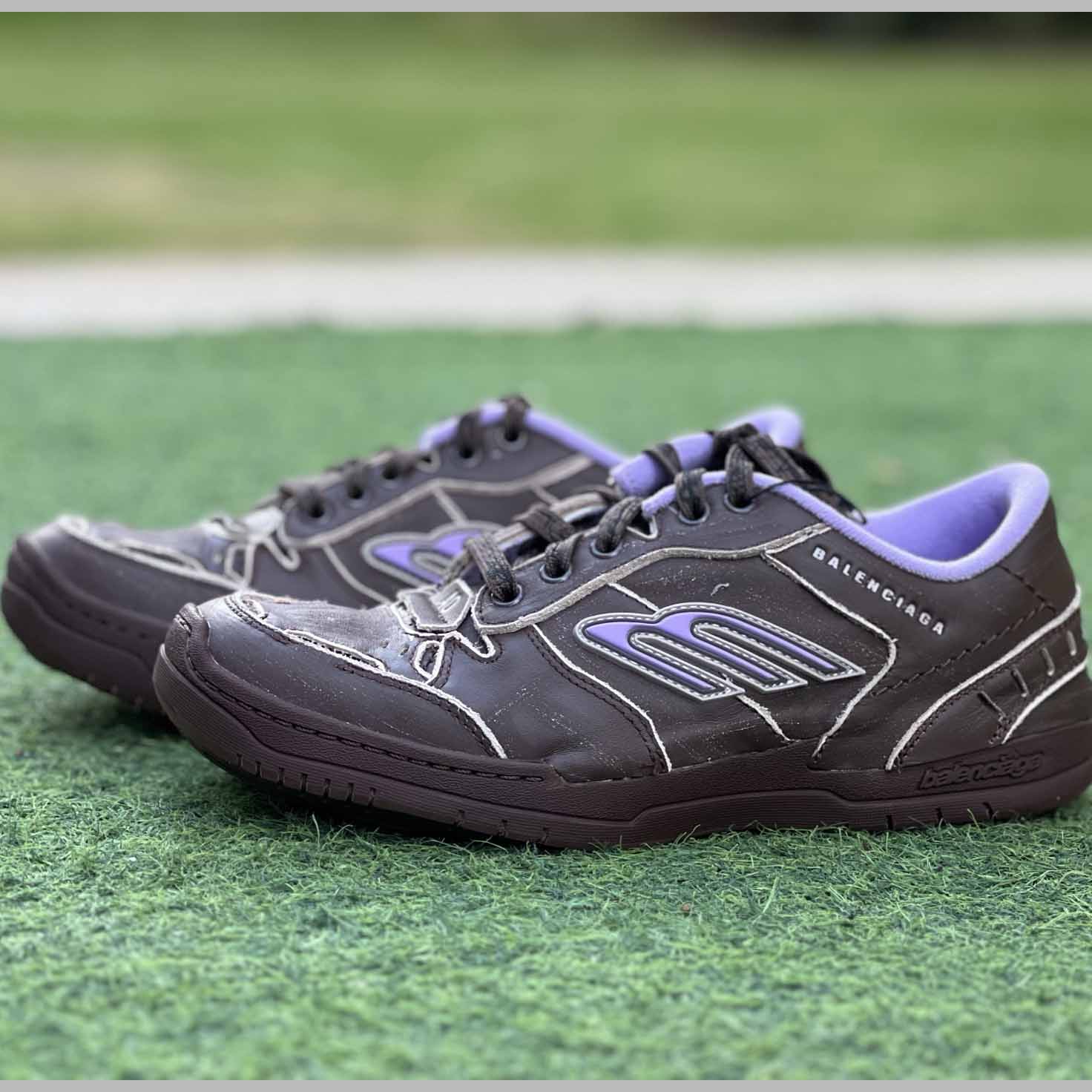 Balenciaga Hamptons Medium Worn-Out Sneaker In Brown And Lilac Cowskin And Polyester - DopestKickz