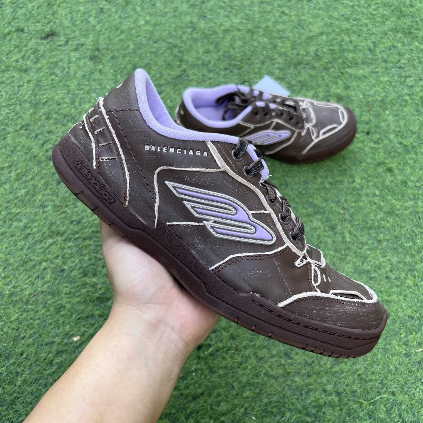 Balenciaga Hamptons Medium Worn-Out Sneaker In Brown And Lilac Cowskin And Polyester - DopestKickz