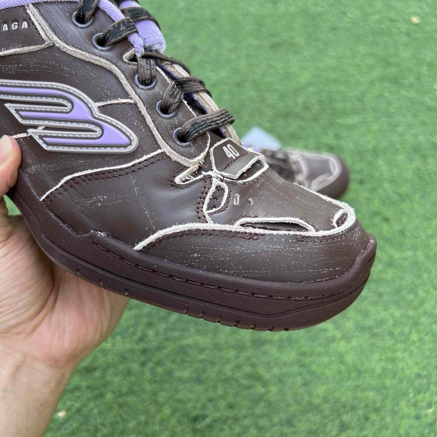 Balenciaga Hamptons Medium Worn-Out Sneaker In Brown And Lilac Cowskin And Polyester - DopestKickz