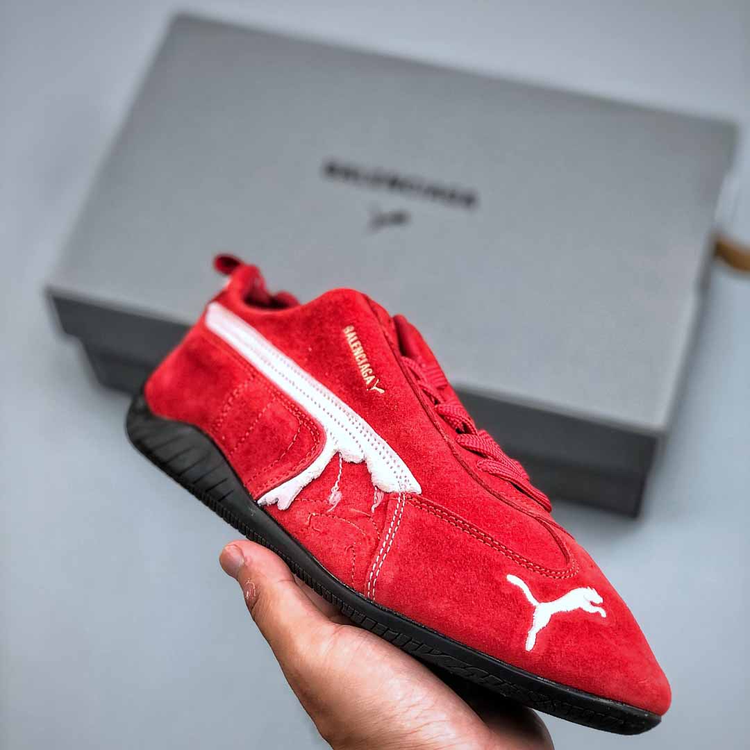 Balenciaga Speedcat Suede Balenciaga In Red, White And Black Distressed Suede Cowskin - DopestKickz