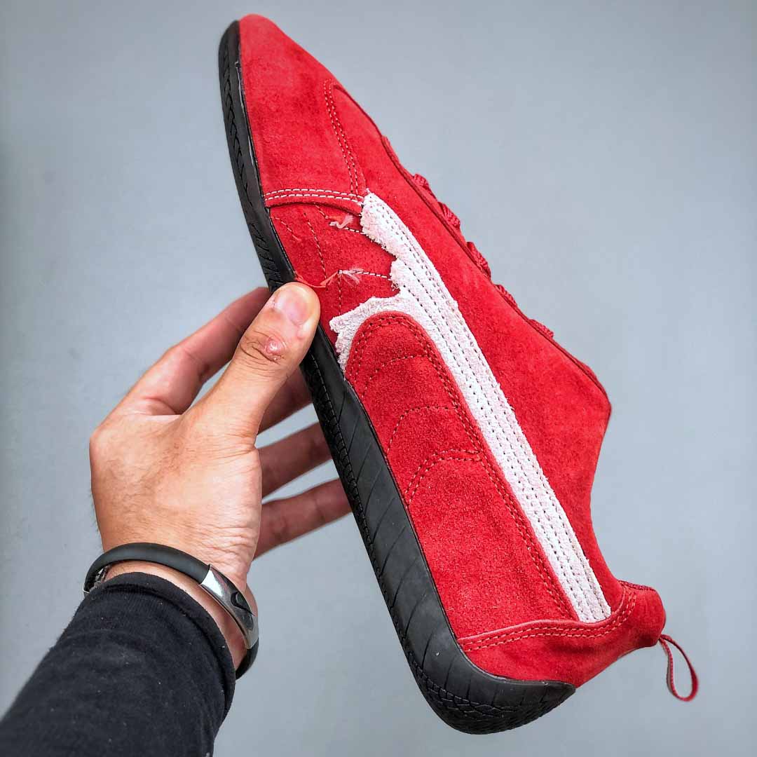 Balenciaga Speedcat Suede Balenciaga In Red, White And Black Distressed Suede Cowskin - DopestKickz