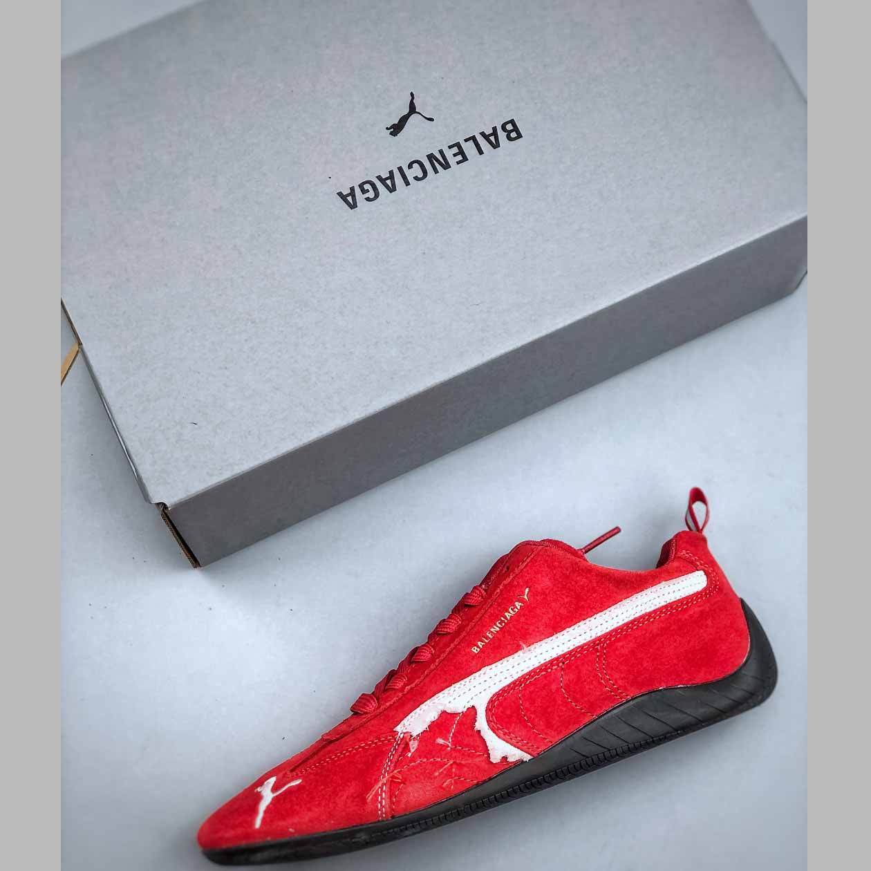 Balenciaga Speedcat Suede Balenciaga In Red, White And Black Distressed Suede Cowskin - DopestKickz