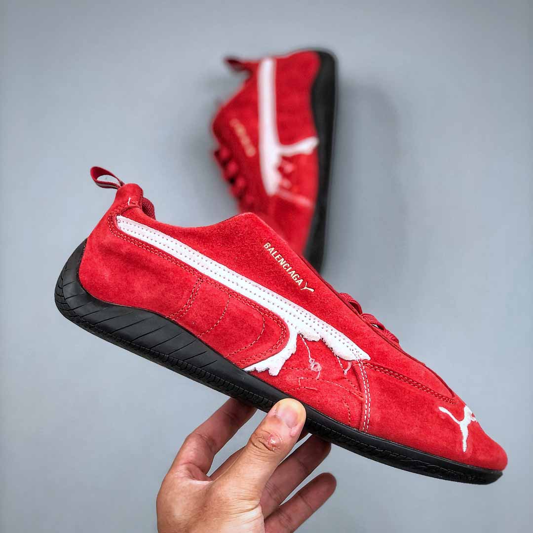 Balenciaga Speedcat Suede Balenciaga In Red, White And Black Distressed Suede Cowskin - DopestKickz