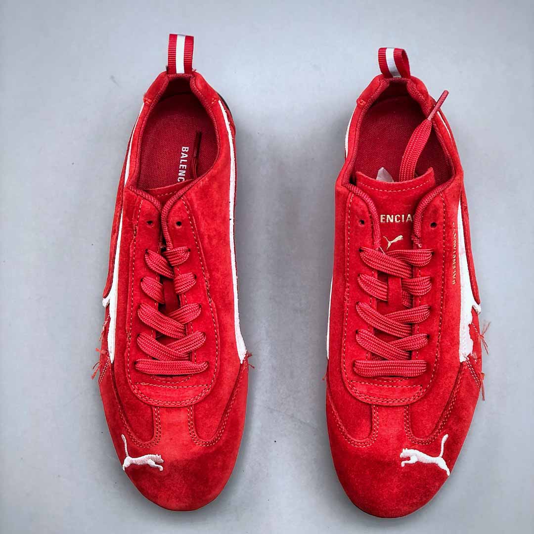 Balenciaga Speedcat Suede Balenciaga In Red, White And Black Distressed Suede Cowskin - DopestKickz
