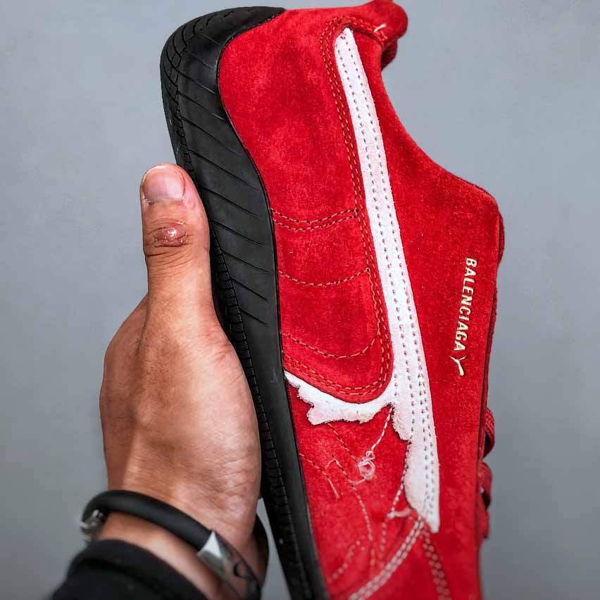 Balenciaga Speedcat Suede Balenciaga In Red, White And Black Distressed Suede Cowskin - DopestKickz