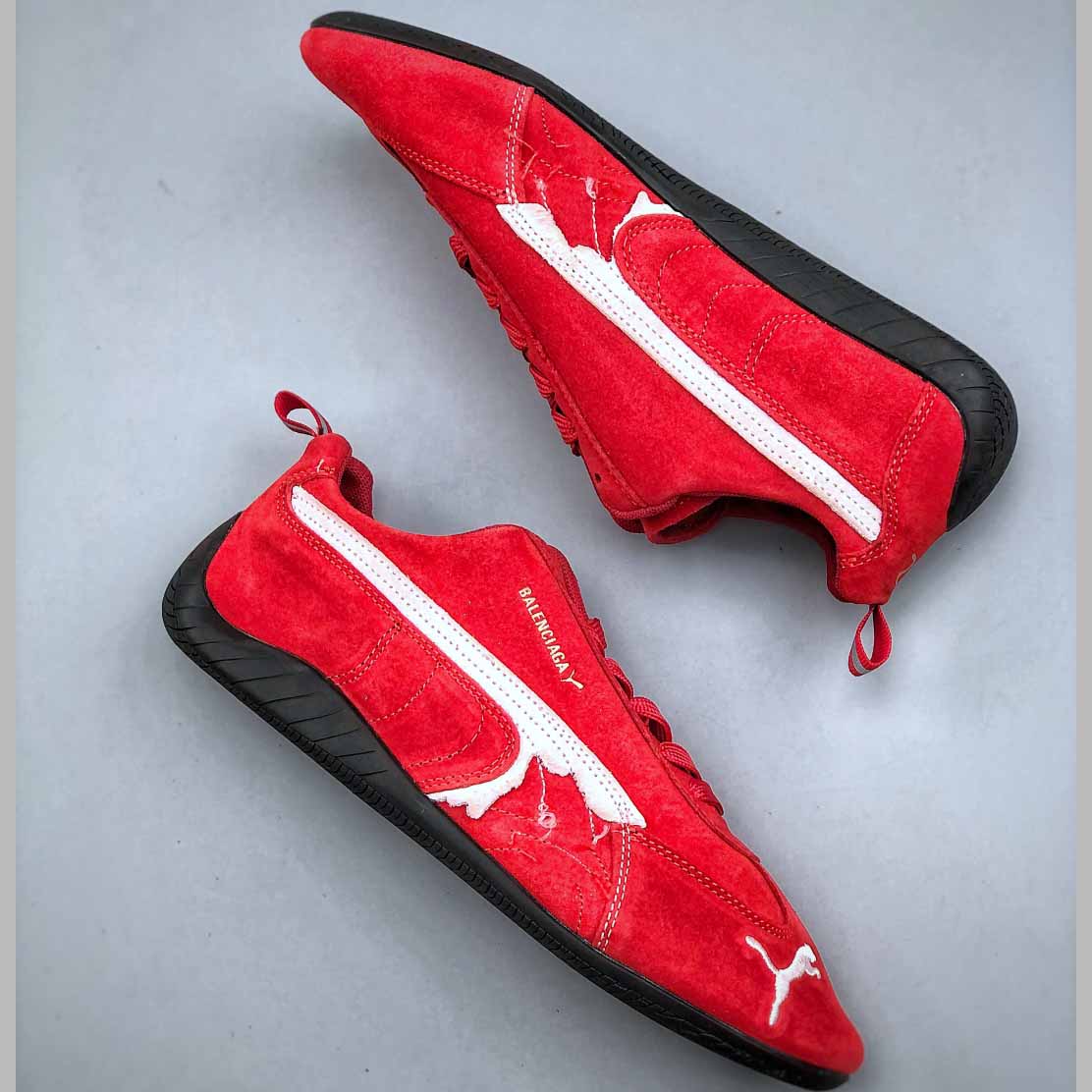 Balenciaga Speedcat Suede Balenciaga In Red, White And Black Distressed Suede Cowskin - DopestKickz
