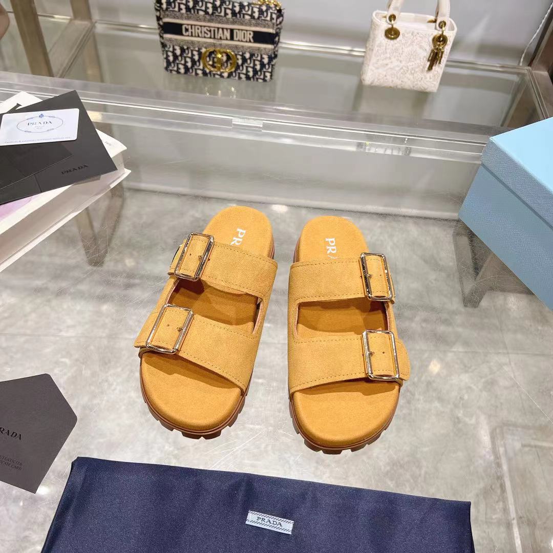 Prada Ecru Suede Strap Slides  - DopestKickz