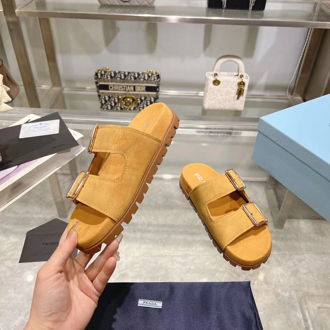 Prada Ecru Suede Strap Slides  - DopestKickz